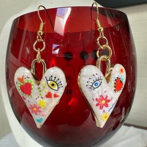 Funky modern vibe white heart earrings with inlaid designs